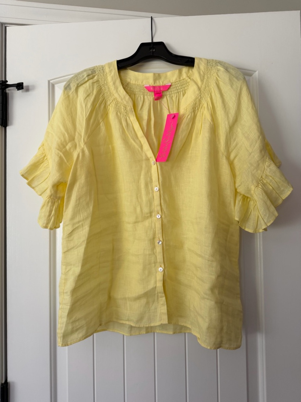 NWT Lilly Pulitzer Pale Yellow Linen Button-Front Tayla Short Sleeve Blouse